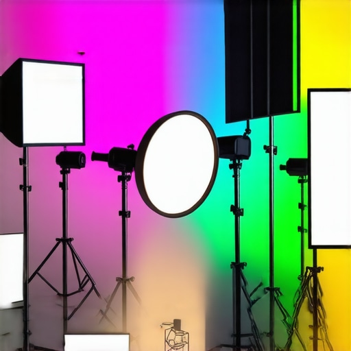 Studio lighting setup with softboxes, RGB tubes, and LED panels.