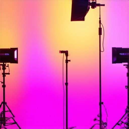 Creative studio with colorful RGB tube lights and softboxes illuminating a scene