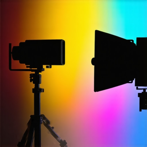 A professional photography scene with softbox, RGB tube lights, and colored gels demonstrating advanced lighting techniques