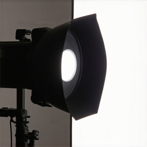A professional photography studio featuring advanced LED lights, diffusers, and color gels arranged for optimal portrait lighting