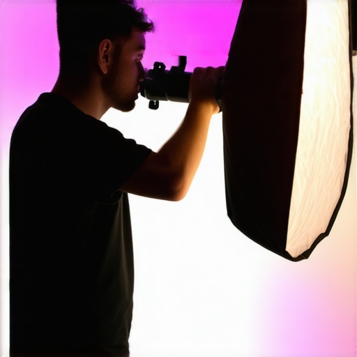 Photographer adjusting RGB tube and softbox lights with colorful effects in a studio