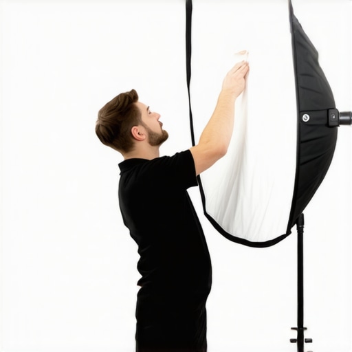 Photographer adjusting softbox angle in studio for flattering light