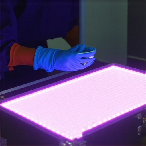 Technician using ultrasonic cleaner on RGB tube light panels in studio setting
