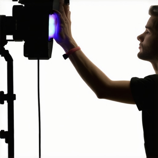 Photographer adjusting RGB tube lights to match natural sunset lighting