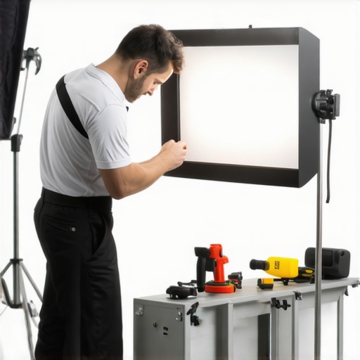 Technician cleaning softbox and LED panels in a studio