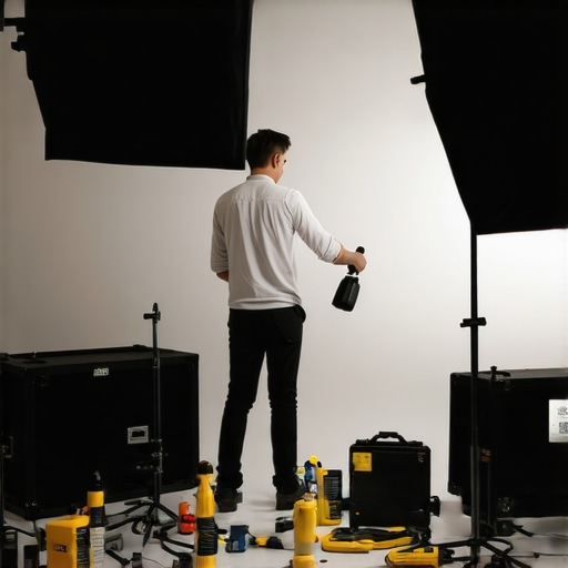 Photographer cleaning and inspecting studio lights with tools and diagnostic equipment
