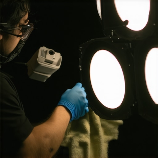 Technician cleaning RGB LED panels with microfiber cloth and compressed air.