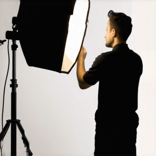 Photographer arranging softbox and fill light for portrait