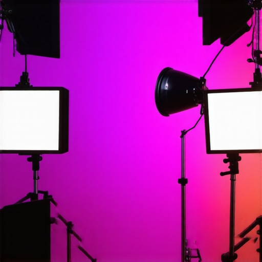 Studio lights arranged creatively with LED panels, softboxes, and RGB tubes