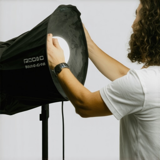 A photographer adjusting softbox light to achieve cinematic fill in studio