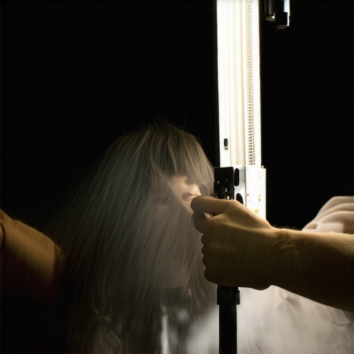 A technician cleaning studio lighting fixtures with microfiber cloth and compressed air