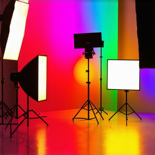 A well-lit studio scene with different lighting tools arranged for video production