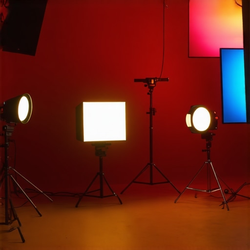 Professional video studio lighting arrangement with LED panel, softbox, and RGB tube lights.