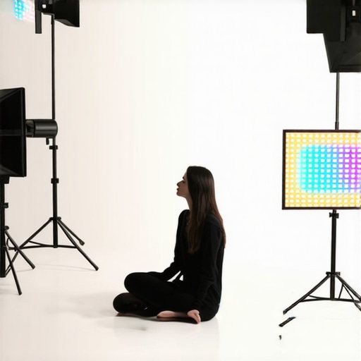 A professional video shoot setup showcasing softbox, RGB lights, and LED panels in a studio environment.