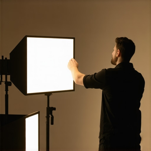 Technician inspecting and cleaning studio LED lights and softboxes