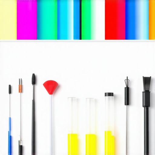 A professional lighting setup featuring LED panels, RGB tubes, and cleaning tools for studio maintenance