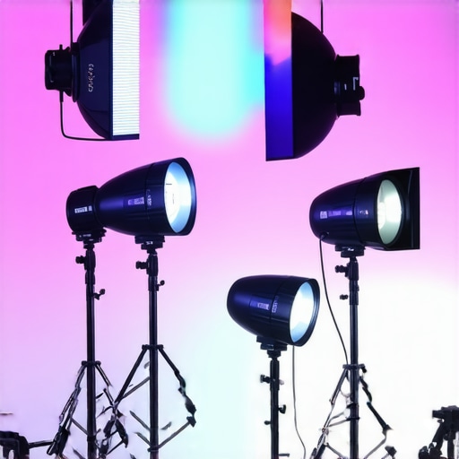 Arrangement of softbox, RGB tube, and LED panel lights in a studio for video production.