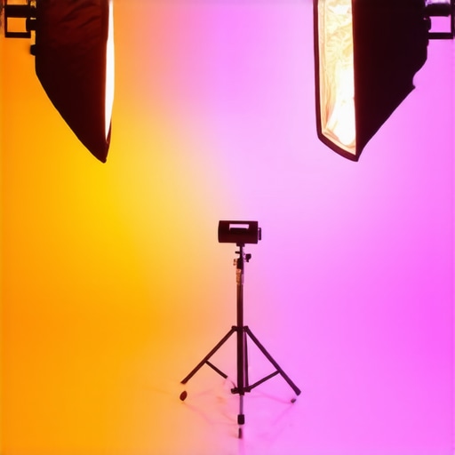 Video studio scene showing softbox and RGB tube lights illuminating a subject from different angles.