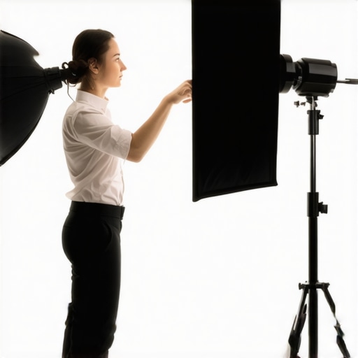 Creator adjusting softbox and RGB tube lights in a studio