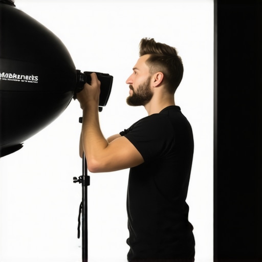 Photographer setting up softboxes at roughly 45-degree angles for optimal portrait lighting.