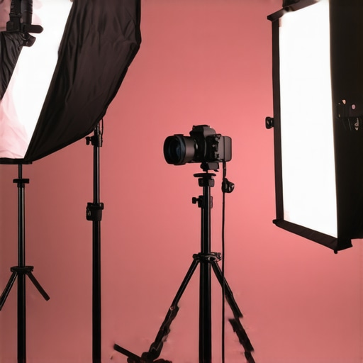 An organized professional studio with various lighting equipment arranged for optimal illumination.