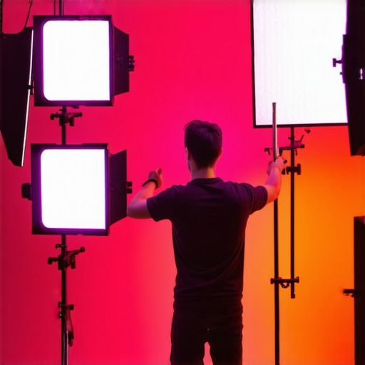 Studio photographer adjusting softbox and RGB tube lights for perfect lighting
