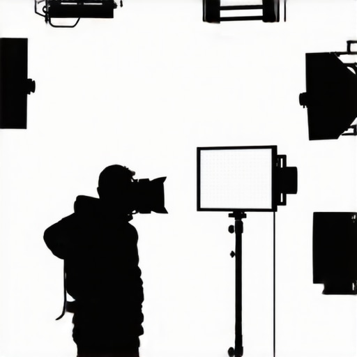An illustration of a professional video lighting setup with various lights positioning around a subject.