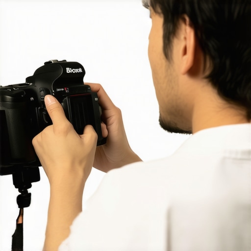 Photographer fine-tuning LED light angles in studio for macro shot, close-up of lighting setup