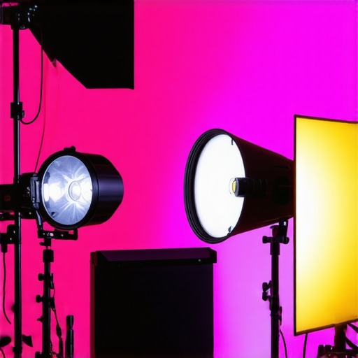 Technician cleaning professional lighting gear with brushes and microfiber cloths in studio