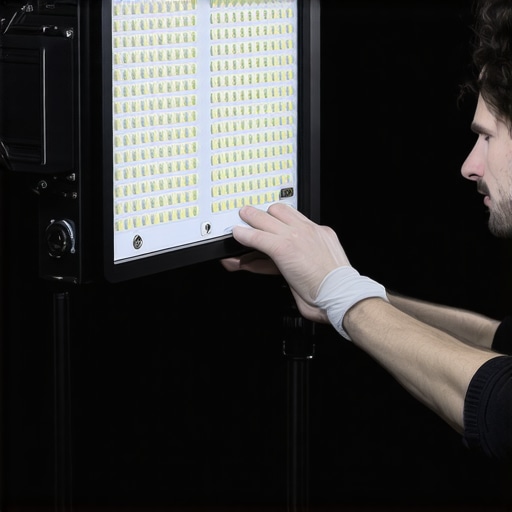 Technician inspecting and cleaning studio lighting gear to ensure optimal performance