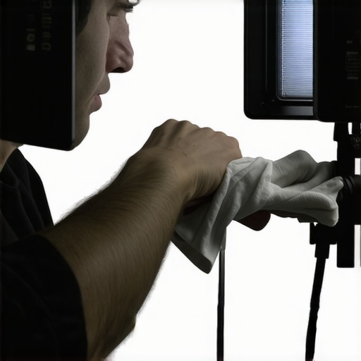 A technician cleaning professional studio LED lights with specialized tools.