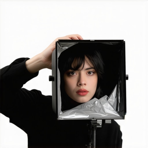 Photographer adjusting softbox to eye level to create lively catchlight in a model's eyes