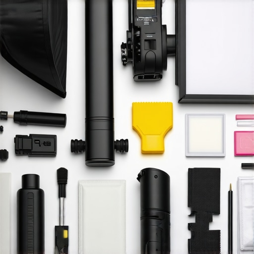 Various professional lighting maintenance tools, including softbox diffusers, calibration devices, and cleaning cloths, arranged on a workbench.
