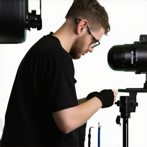 Technician cleaning and calibrating studio lights with specialized tools