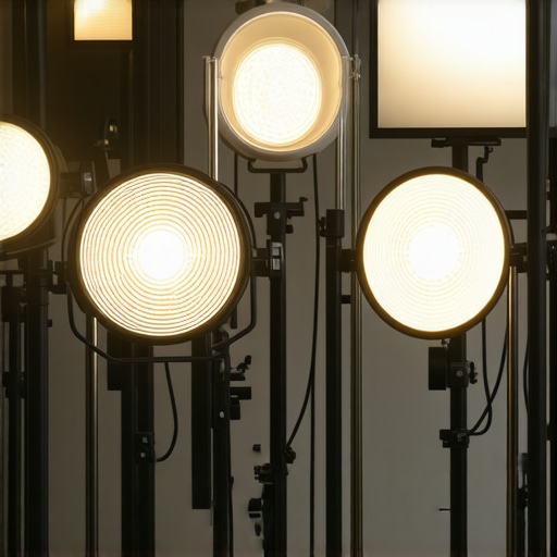 Technician inspecting LED studio lights with cleaning and calibration tools