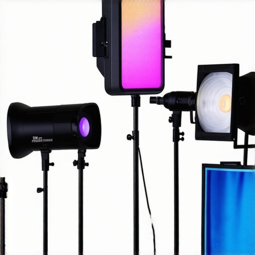 Well-maintained studio lighting equipment, including softbox, RGB tube, and LED panels, arranged on a clean workbench.