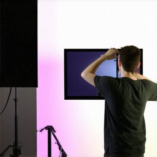 Person fine-tuning RGB tube lights in front of a digital virtual background during filming.