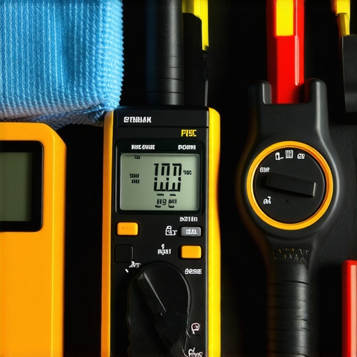 A technician's workspace with cleaning cloth, compressed air, multimeter, and a light meter for lighting equipment maintenance.