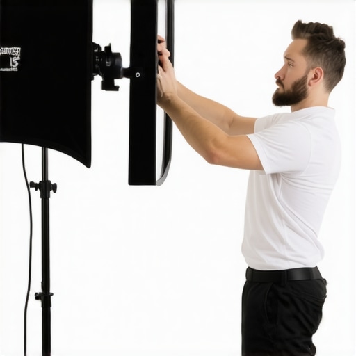 Photographer setting up a softbox fill light in a studio to enhance facial depth in portrait photography.