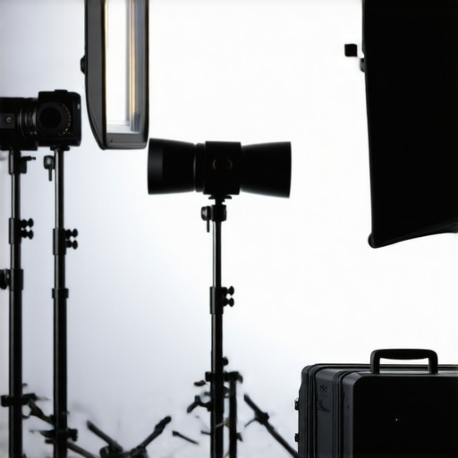 Photographer calibrating LED lights with color meter and diffusion fabrics in studio