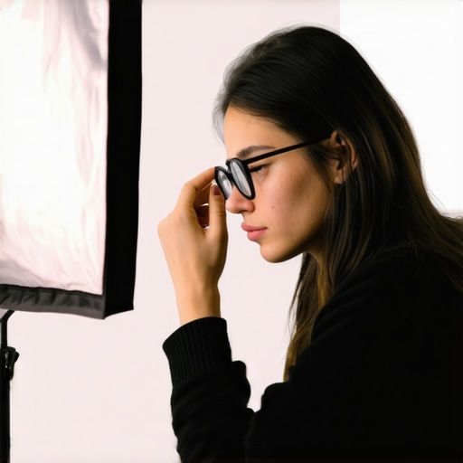 A person in studio adjusting glasses under a softbox light to avoid glare reflections