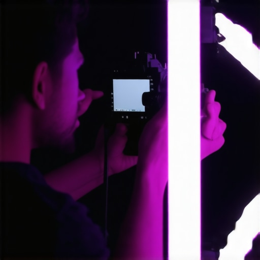 Videographer positioning RGB tube lights to enhance neon edges in studio