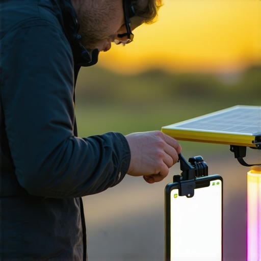 Filmmaker connecting a portable power bank and solar panel during outdoor shoot.