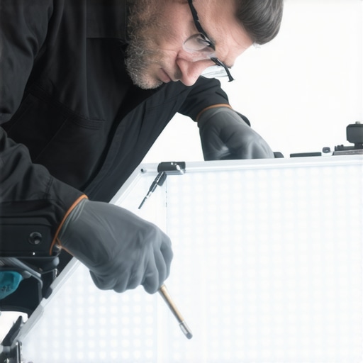 Technician cleaning and calibrating LED studio lights with precision tools
