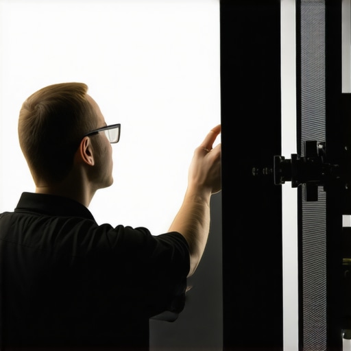 A technician maintaining LED studio lights with calibration and cleaning tools.