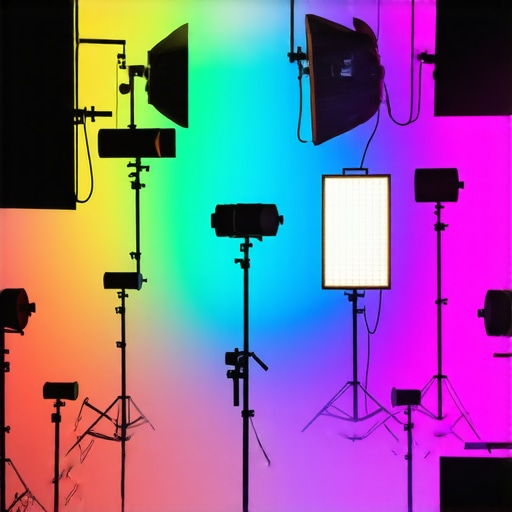 A professional film set showcasing RGB tube lights, softboxes, and LED panels arranged for optimal lighting