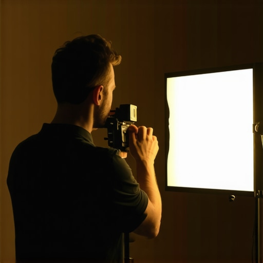 A person adjusting an LED panel light in a studio with color calibration tools.