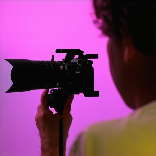 Photograph of a camera with settings being adjusted to sync with RGB tube lights in a studio environment