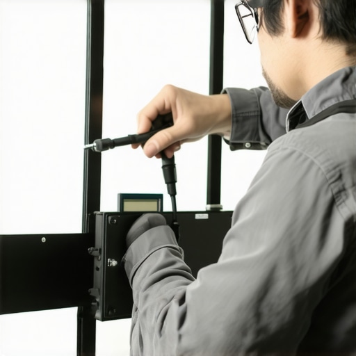 A technician calibrating LED panel sensors using reference tools to reduce smearing artifacts.