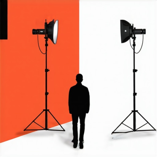 Illustration of key, fill, and background lights arranged around a subject to achieve optimal lighting balance.